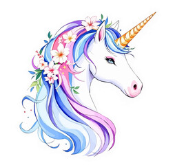 Isolated cute watercolor unicorn and stars clipart. Nursery unicorns illustration. Princess unicorns poster. Trendy pink cartoon horse.