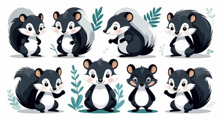 Set bundle of skunk minimalist childish style illustration on plain white background