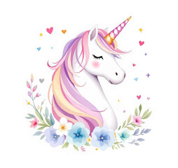 Isolated cute watercolor unicorn clipart. Nursery unicorns illustration. Princess unicorns poster. Trendy pink cartoon horse.	