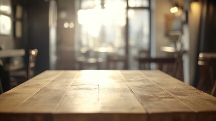 Empty wooden table top with a blurred background of a coffee shop or restaurant interior for product display montage, blurred bokeh light, and modern design style decoration.