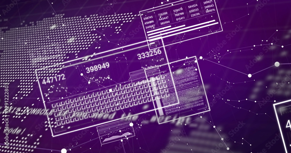 Poster image of data processing and diagrams over world map