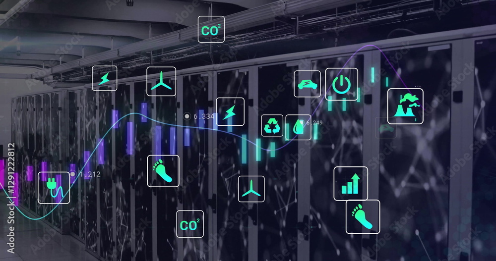 Poster image of diagram and data processing over server room