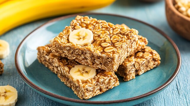 Granola bars with banana slices on a blue plate, oatmeal, blurry wooden background, healthy snack