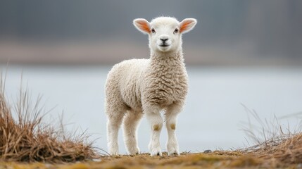 Fototapeta premium Cute fluffy lamb standing in a serene landscape near a body of water, with soft grasses around and a peaceful atmosphere.
