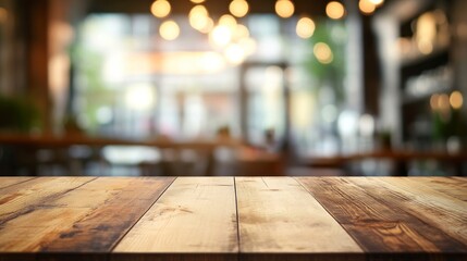 Empty wooden table top with a blurred background of a coffee shop or restaurant interior for product display montage, blurred bokeh light, and modern design style decoration.
