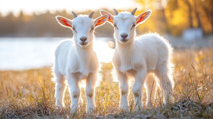 Obraz premium Two adorable white goat kids standing side by side in a sunlit grassy area near a tranquil body of water during golden hour