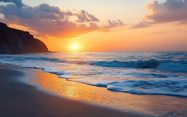 Warm sunset over a quiet beach with gentle ocean waves