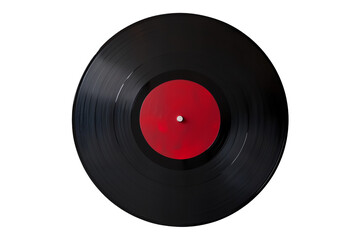 Obraz premium Classic black vinyl record with red label isolated on transparent background symbolizing retro music nostalgia and analog sound, png