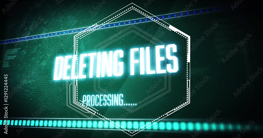 Poster image of digital data processing and deleting files text over black background