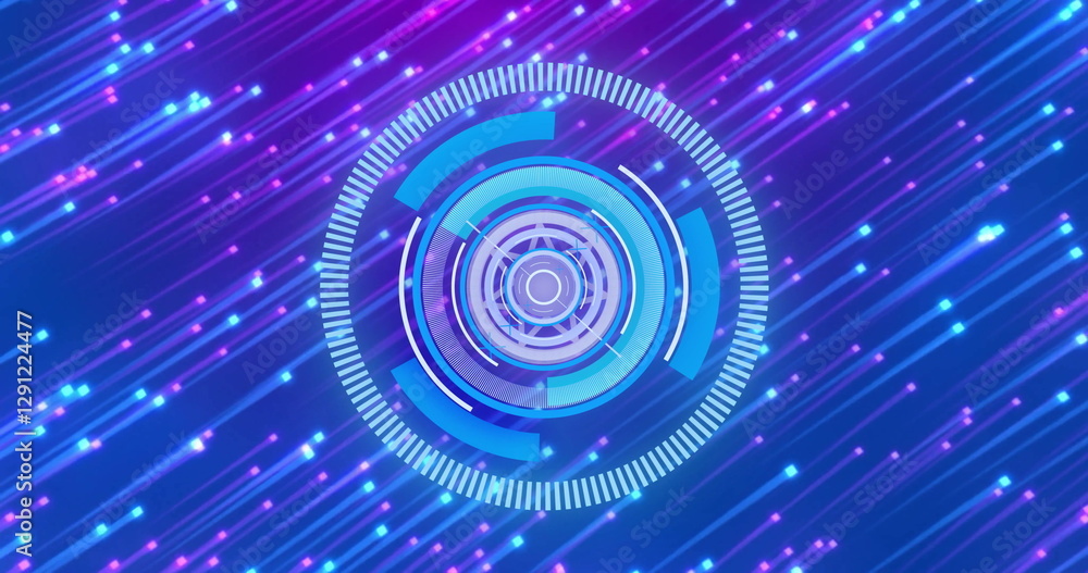 Poster rotating blue and purple digital interface image over dynamic light streaks background