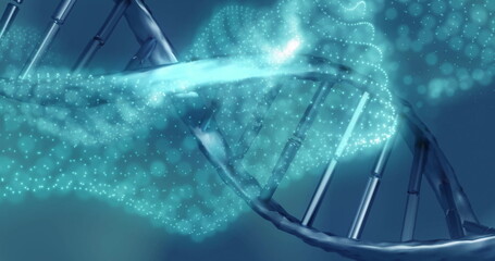 Image of light spots over dna strand on blue background