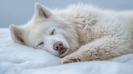Obraz premium A peaceful white dog sleeping on a snowy surface, capturing the serenity and beauty of winter in a tranquil moment.