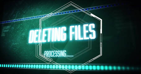 Image of digital data processing and deleting files text over black background
