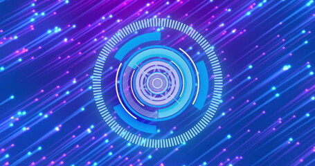 Rotating blue and purple digital interface image over dynamic light streaks background