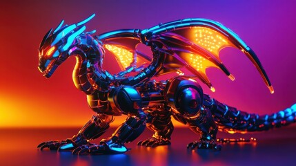 A Metallic Robotic Dragon in Neon Lighting
