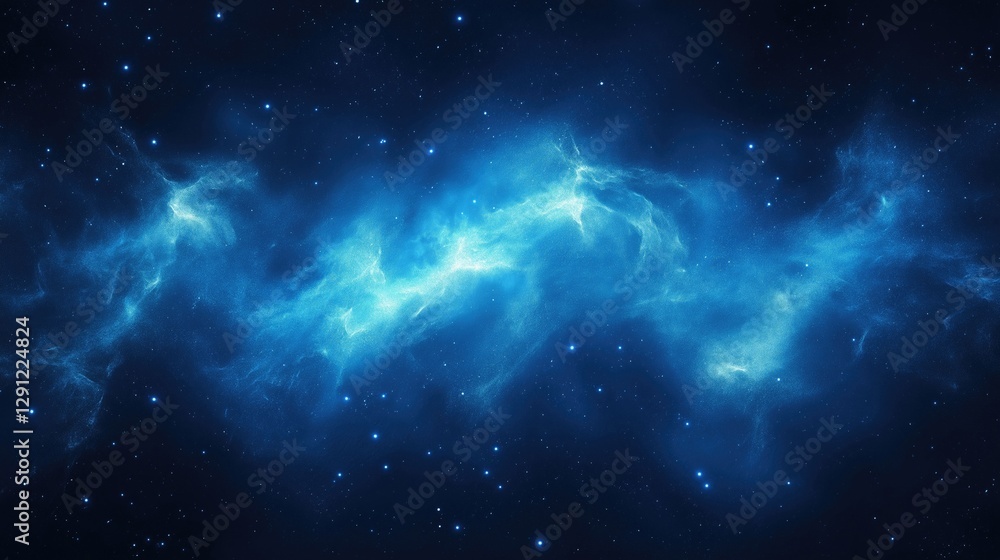 Poster abstract digital texture of a blue nebula with glowing stars, perfect for computer graphics and desi