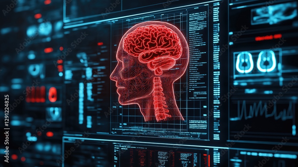 Poster futuristic digital representation of a human brain, showcasing neural connections and data analytics