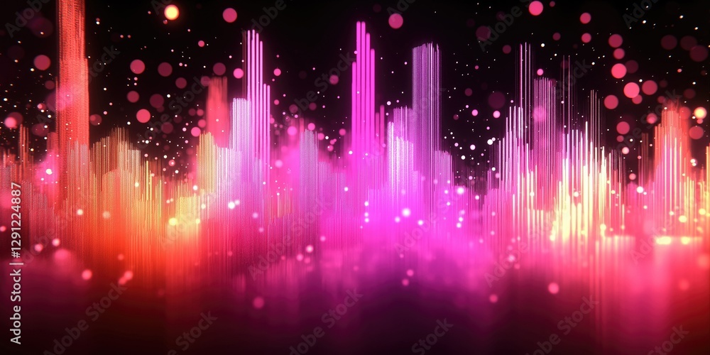 Poster vibrant abstract digital texture featuring colorful wave patterns and glowing particles, ideal for t