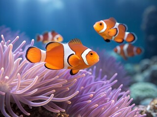 Fototapeta premium Vibrant Clownfish Swimming in a Coral Reef Amidst Purple Sea Anemones