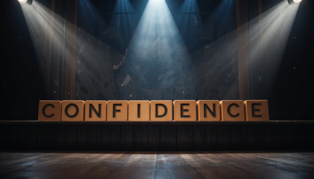 Wooden cubes with text "Confidence" neatly arranged on a stage, symbolizing self-assurance, success, and personal growth, with a spotlight shining down representing courage, public speaking.