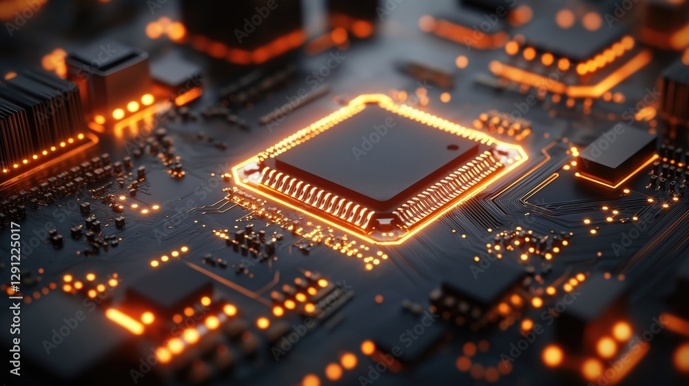 Poster close-up of a glowing circuit board with intricate patterns and a central microchip, showcasing adva