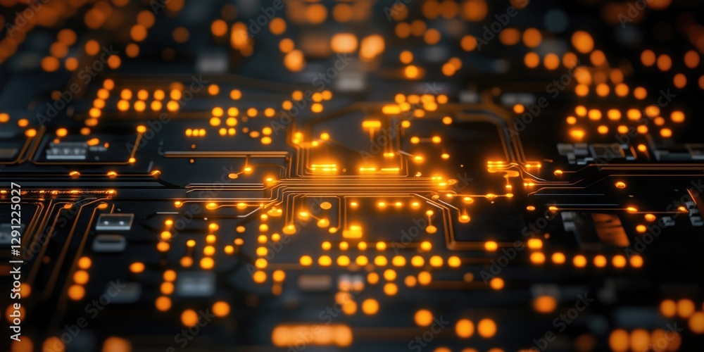 Poster close-up of a glowing circuit board with intricate patterns and vibrant orange lights, representing 