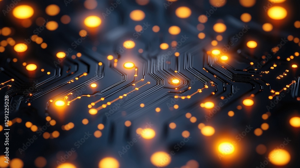 Poster close-up of a digital circuit board with glowing orange lights, showcasing intricate patterns and te