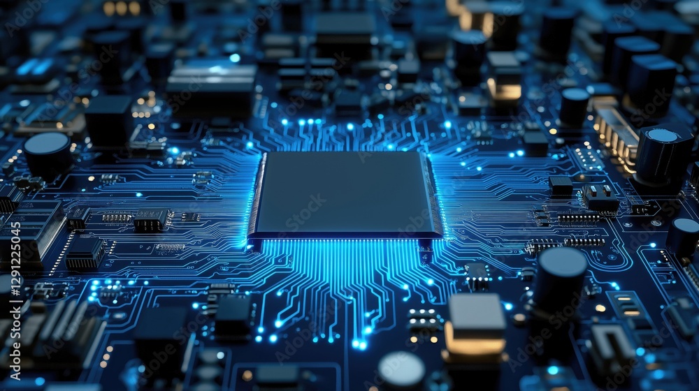 Poster close-up of a modern circuit board with intricate patterns and glowing connections, representing adv
