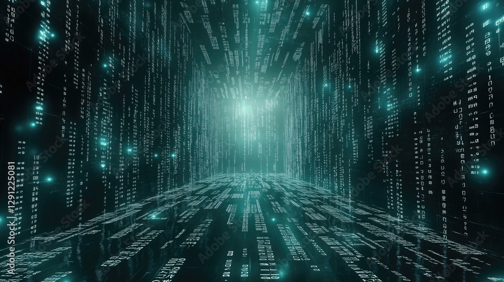 Poster futuristic digital matrix with glowing green data streams, creating a sense of depth and technology.