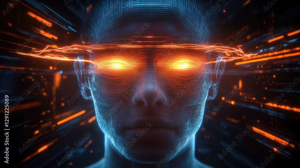 Poster futuristic digital face with glowing eyes, representing advanced technology and artificial intellige