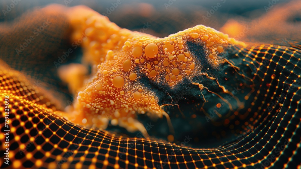 Poster abstract close-up of a vibrant digital texture with orange bubbles and a mesh pattern, ideal for gra