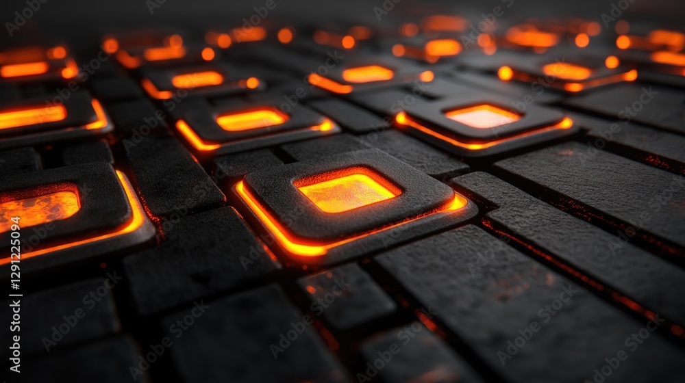 Fototapete abstract digital texture featuring glowing orange squares on a dark surface, ideal for computer grap