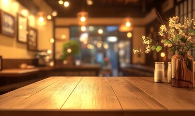 Empty wooden table top with a blurred bar or restaurant interior background for product display montage,