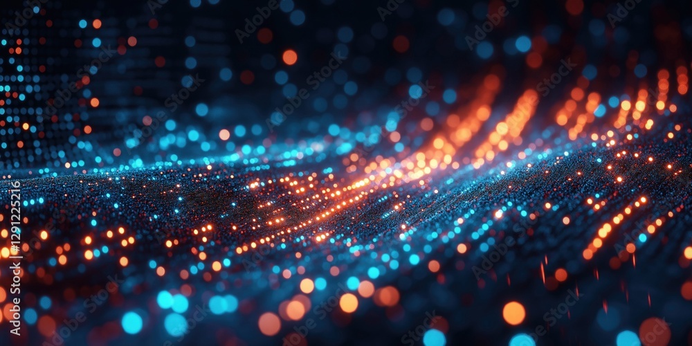 Poster abstract digital texture with glowing blue and orange particles, creating a vibrant and dynamic visu