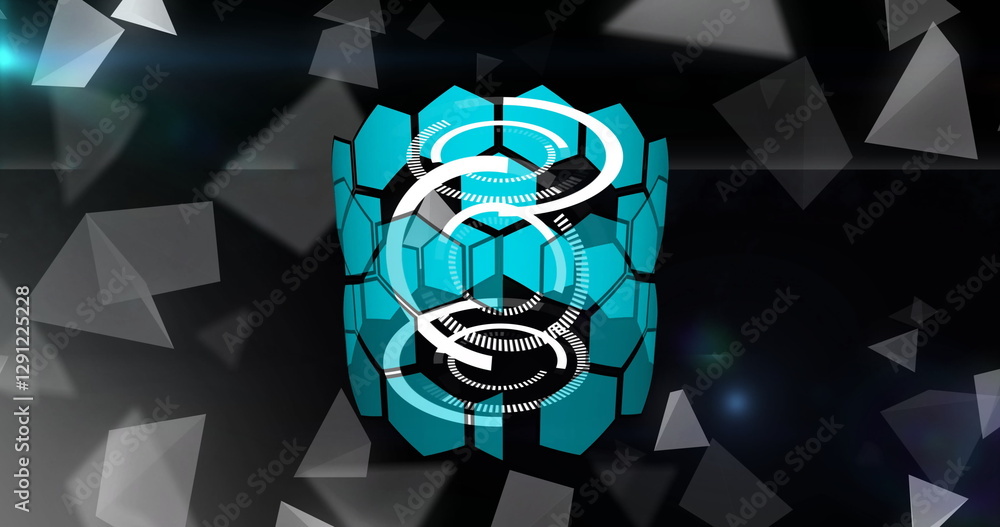 Poster rotating hexagonal shapes and circles, futuristic image over dark background