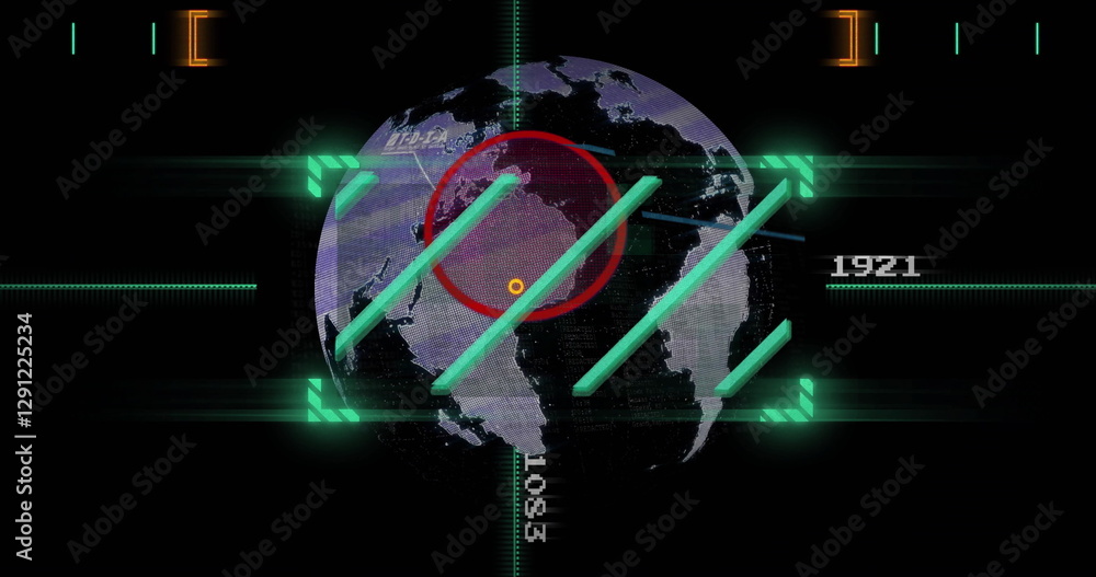 Poster targeting image over rotating globe with coordinates and red circle