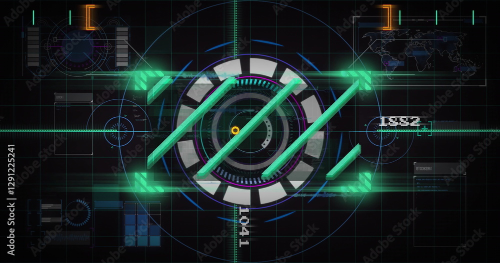 Poster futuristic hud image with rotating elements and data processing indicators