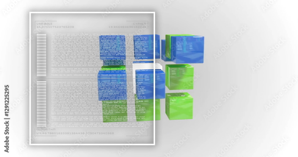Poster 3d cubes in green and blue with text and code image over white background
