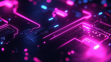 Obraz premium Abstract digital technology texture featuring vibrant pink and blue neon lights on a dark background.