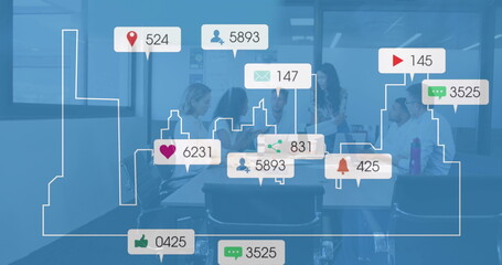 Social media engagement icons image over diverse business team in meeting