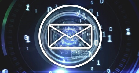 Email icon and digital data processing image over futuristic interface