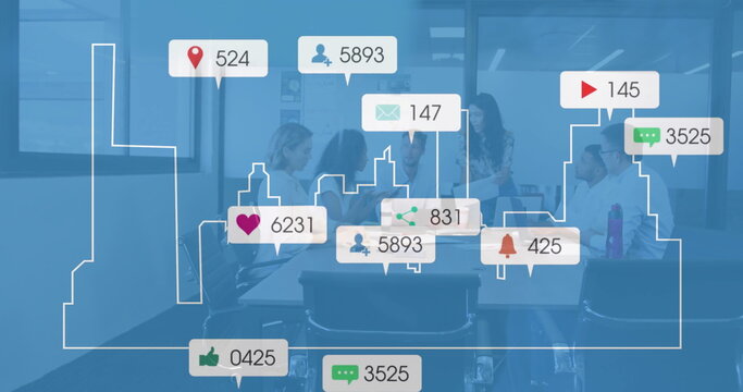 Social media engagement icons image over diverse business team in meeting