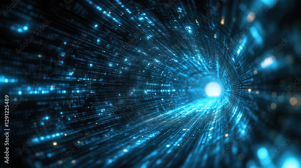 Poster abstract digital tunnel with glowing blue particles, creating a sense of depth and movement in a fut