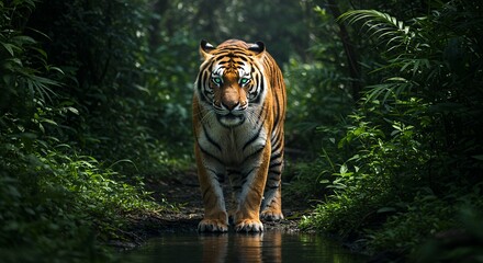 Fototapeta premium Tiger with glowing eyes approaches through a jungle stream