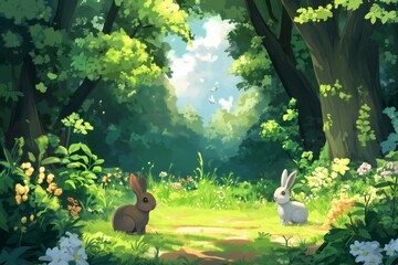 Brown and white rabbits facing each other in a clearing of a lush green forest during a sunny spring day, with butterflies flying