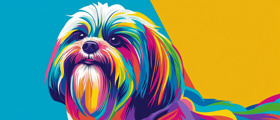 Lhasa Apso Dog in Vibrant Colorful Coat Abstract Vector Art - A Playful and Artistic Representation of a Beloved Canine Breed with Unique Patterns and Textures