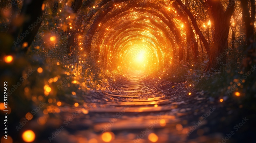 Poster Enchanted tunnel illuminated by warm sunlight, creating a magical atmosphere with glowing particles and a serene path.