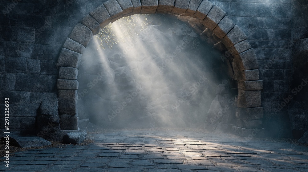 Poster mysterious tunnel illuminated by sunlight streaming through stone walls, creating a serene and encha