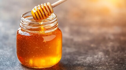 Honey dipper dripping into jar, dark surface, warm background light, use sweet food