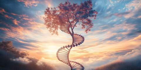 Innovative epigenetic inheritance pathways weaving molecular history into future generations showing swirling DNA tree of life against an ethereal sky
